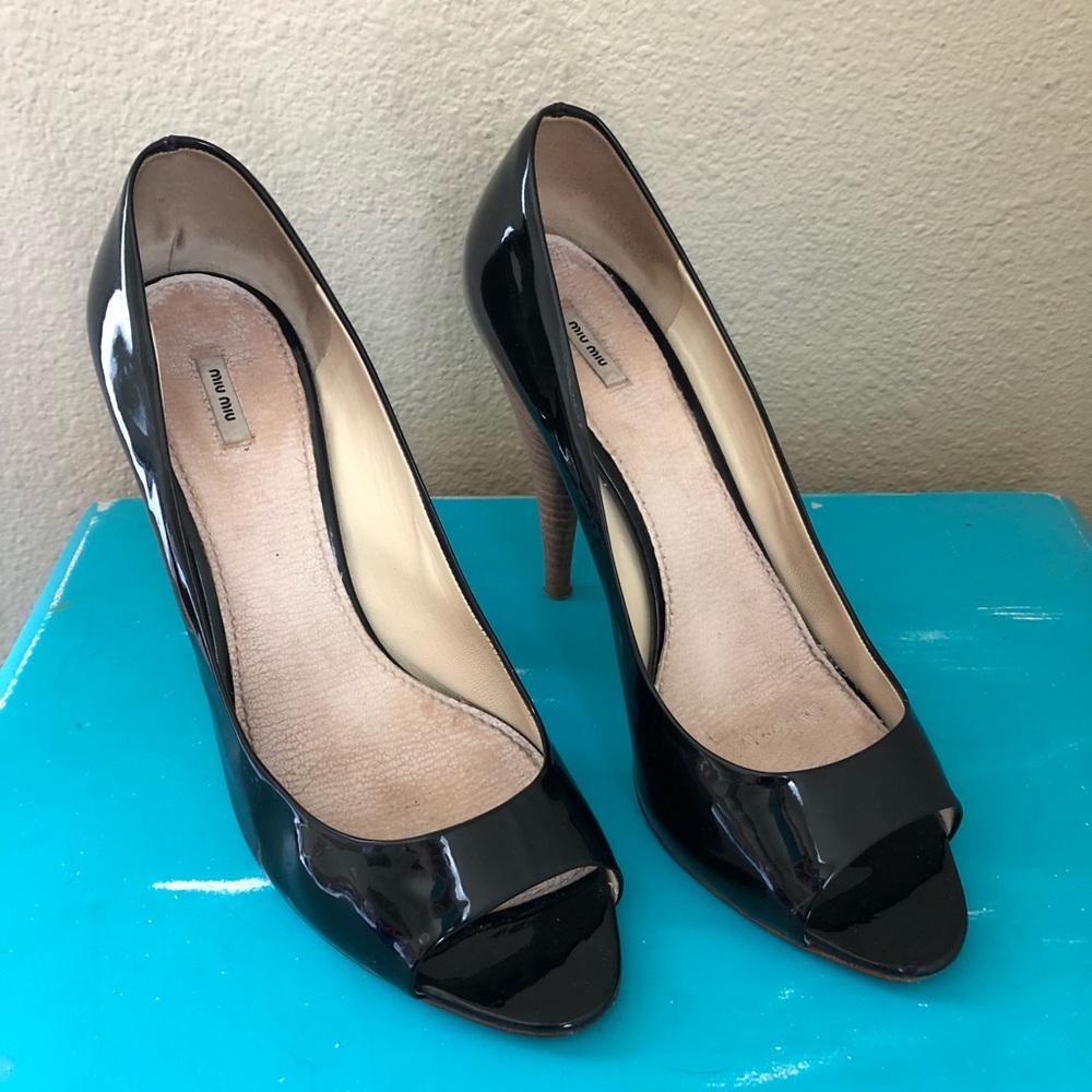 Miu Miu Peep Toe Patent Leather 4” Heels